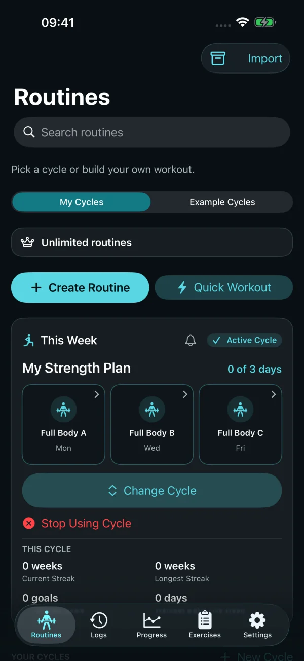 My Cycles showing My Strength Plan and the current cycle progress from sample workouts.