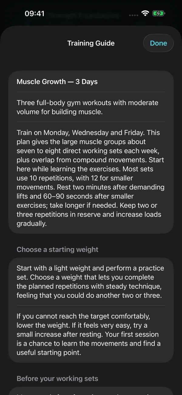 The Training Guide for the included Muscle Growth three-day cycle.