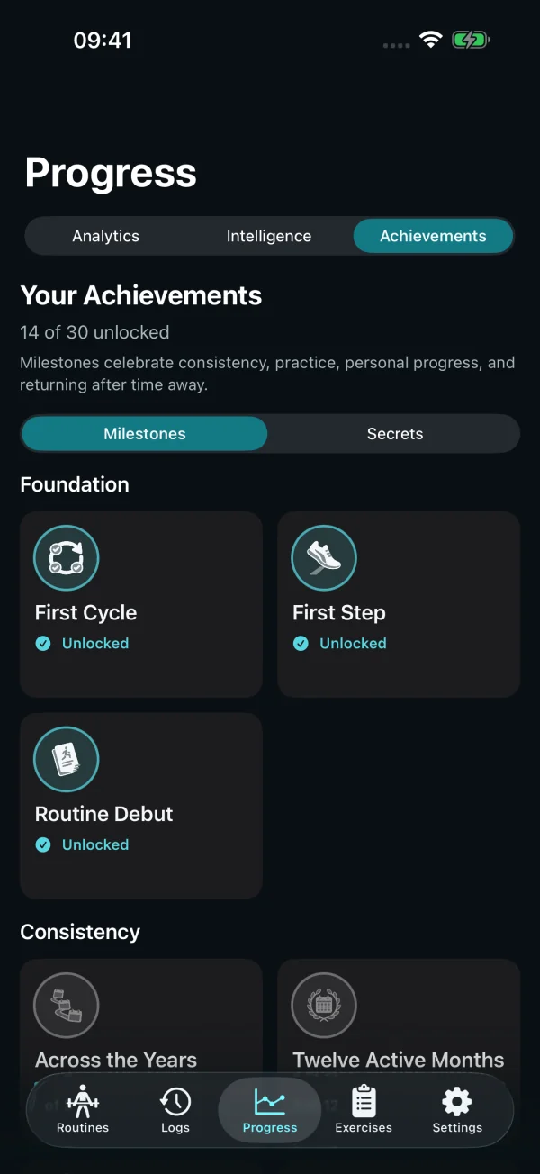 Stedevo achievements showing earned progress from sample training.
