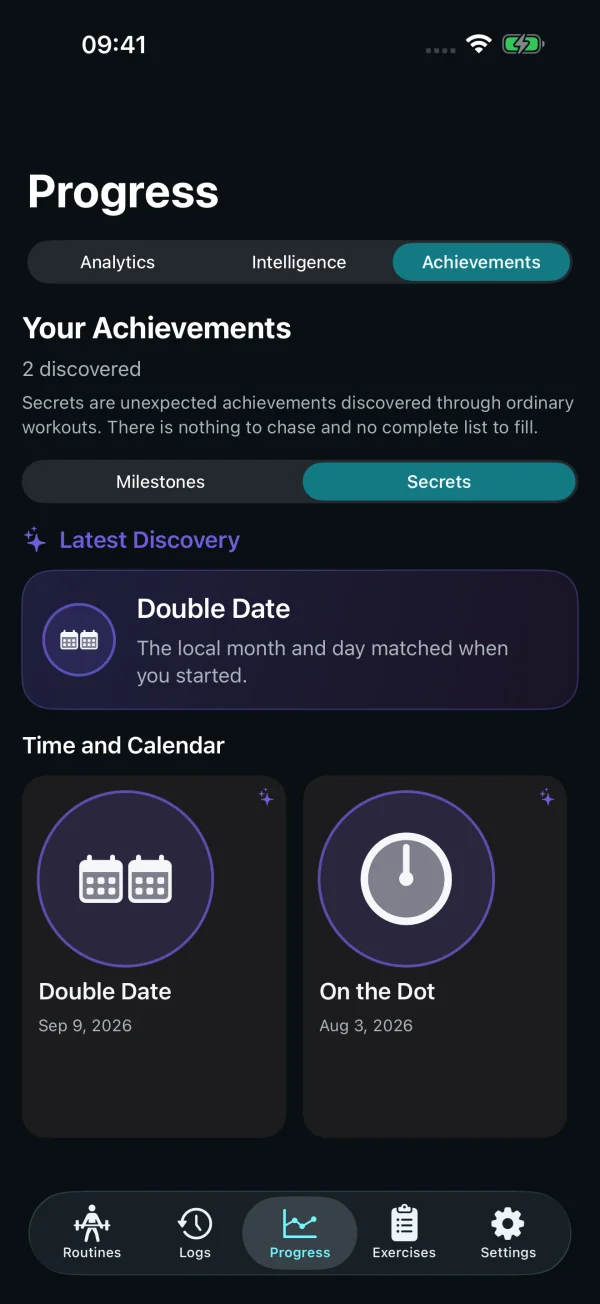The Secrets collection showing discoveries earned by sample workouts.