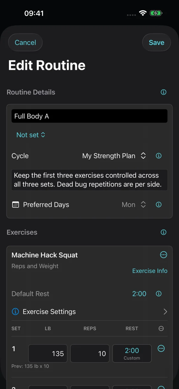 The routine editor showing Full Body A in My Strength Plan and its planned exercises and sets.
