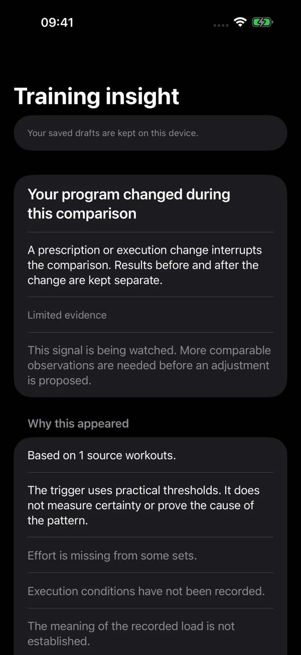 Free Training Assistant showing a current finding, supporting workouts, and the limits of the evidence.